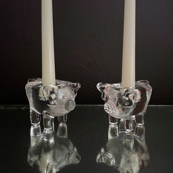 Vintage Pig Candleholders Glass Taper Holders Pigs Kosta Boda Candlesticks Pair Rare Bertil Vallien Design Swedish Art Glass Scandinavian