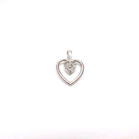 Vintage Heart Charm Silver Faux Diamond Open Heart