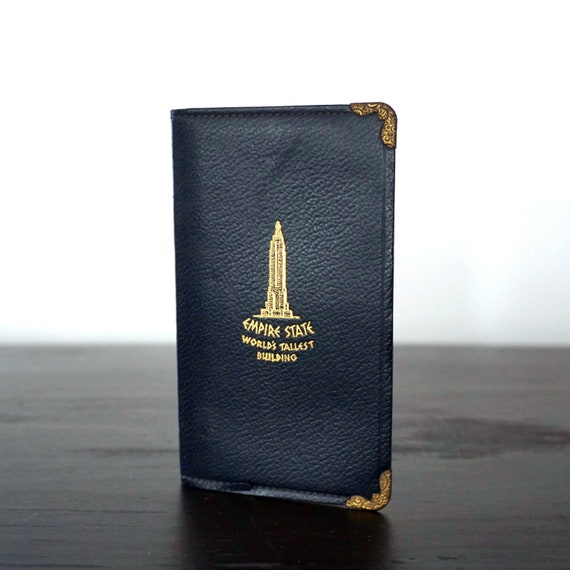 Vintage Empire State Building Tiny Notebook with ID Card Holder Unused Vinyl Covered Notepad Tear Out Paper Perforated Sheets Navy Cover Pad