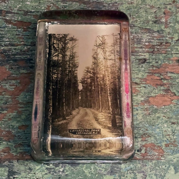 Antique Photo Paperweight Lakewood NJ Photograph B&W Sepia Toned Rural Road Photo Under Glass Block Cathedral Drive Lakewood New Jersey