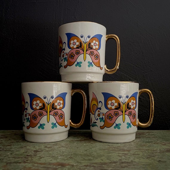 Vintage Mugs Butterfly and Flowers Groovy Mug Set of 3 '70s Pereiras Valado Portugal Ceramic Mug Handled 18K Gold Rimmed Coffee Cup Tea Mug