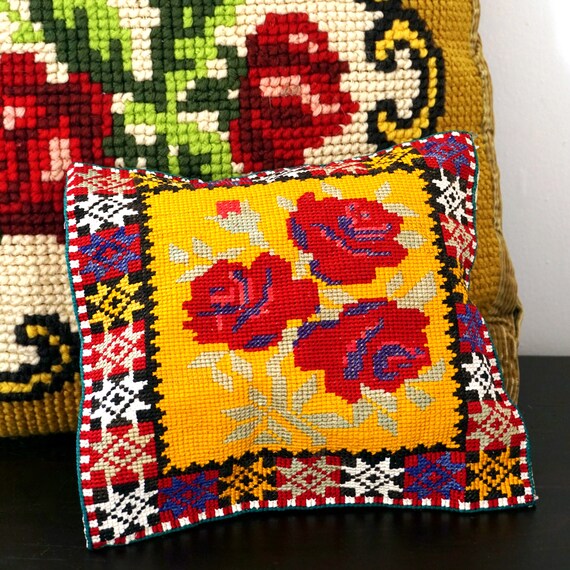 Vintage Needlepoint Pillow Cover Red Roses Yellow Ochre Black Blue Border Folk Art Eastern European Hand Sewn Case for Cushion Small 8 Inch