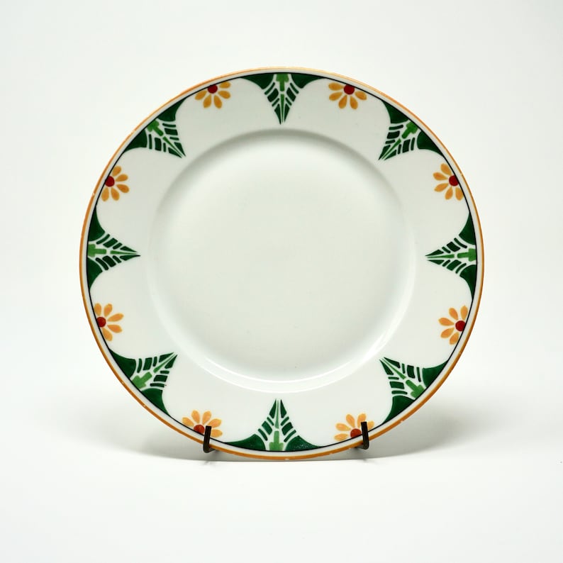 Antique Limoges France Superieur Plates Set of 4 Rare 1910s Arts and Crafts Motif Green Yellow Daisy on White Porcelain Dessert Plates
