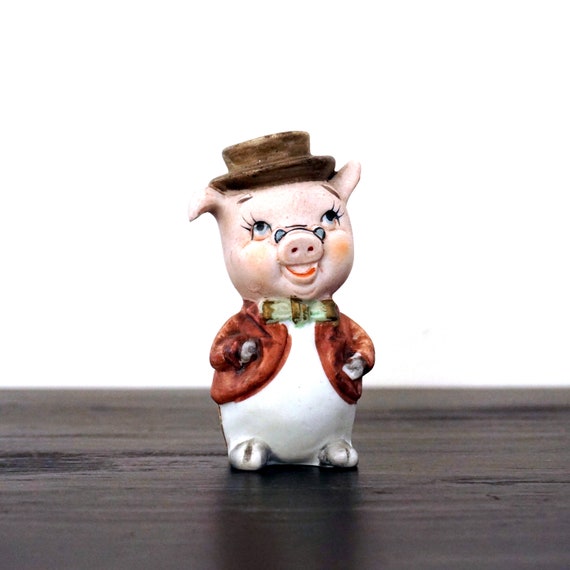 Vintage Pig Figurine Lefton Ceramic Pepper Shaker Pig in Hat Bow Tie Glasses 1950s Anthropomorphic Bisque Porcelain Piggy Shaker Single Only