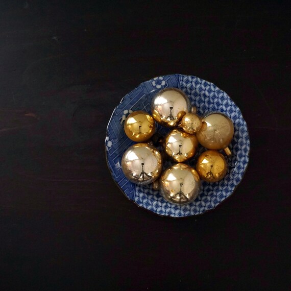 Vintage Miniature Ornaments Gold Glass Balls Foiled Tiny Christmas Tree Trim Golden Shades Mercury Glass 4 Sizes 8 Total West Germany Japan