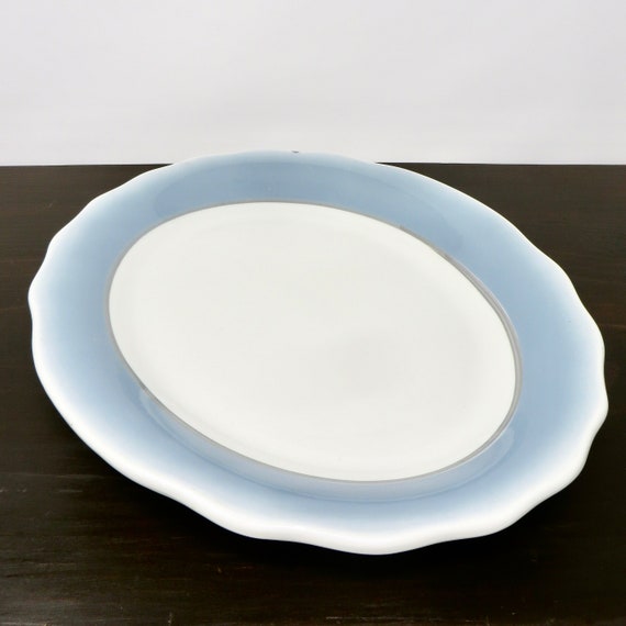 Vintage Oval Platter White Blue Airbrush Jackson China Restaurant Ware 1970s