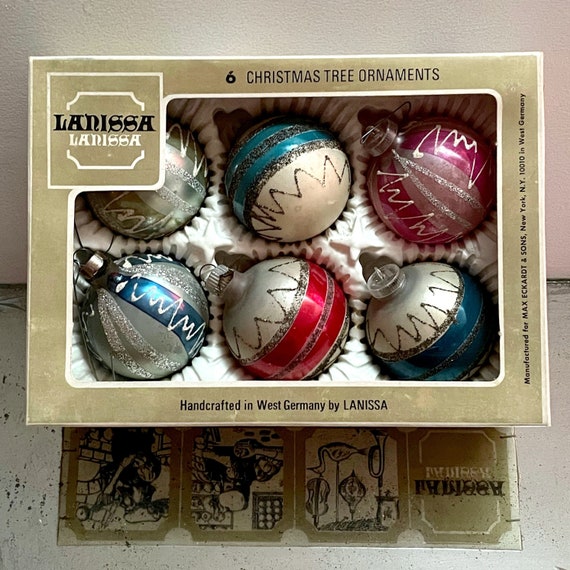 Vintage Ornaments Glass Balls Blue Red Pink Stripe Glitter Squiggle Ornaments Set of 6 Original Box Larissa West Germany 60s Christmas Bulbs