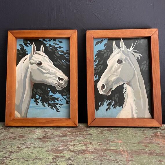 Vintage Horse Paintings Pair Wood Framed Wall Decor Paint By Number White Horse Busts Hand Painted Equestrian Art 70s Retro Decor Horseheads