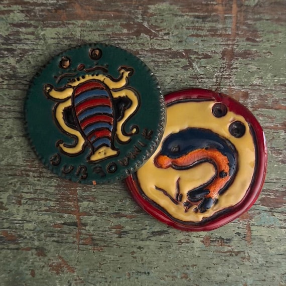 Vintage Croatian Folk Art Pottery Medallions Ceramic Handcrafted Badges 2 Styles Souvenirs Dubrovnik Croatia Signed and with Original Tags