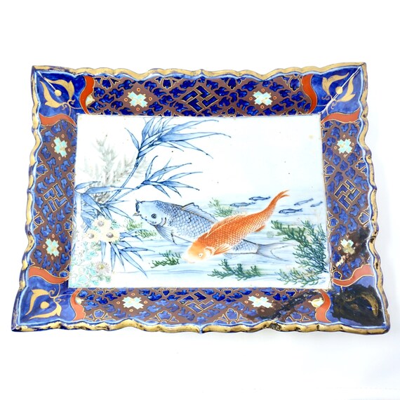 Antique Japanese Platter Koi Fish Imari 19th Century Pottery Rectangular Dish Hand Painted Glazed Deep Blue Gold Meiji Old Kyoto Porcelain