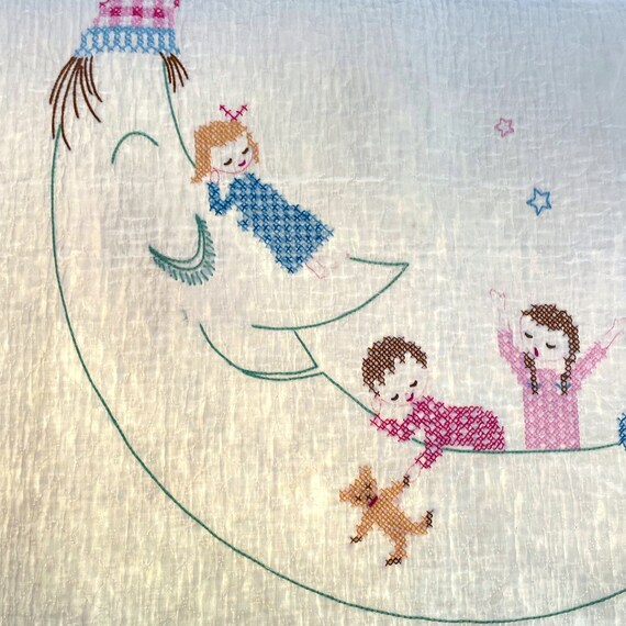 Vintage Crib Quilt Cross Stitch Angels Nursery Decor Embroidered Baby Blanket Man in Moon Sleeping Children Old Baby Quilt Hand Sewn As Is
