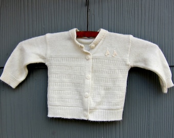 Vintage Baby Sweater Hand Knit White Sailboat Nautical Handmade Baby Knitwear Retro