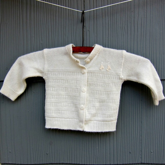 Vintage Baby Sweater Hand Knit White Sailboat Naut