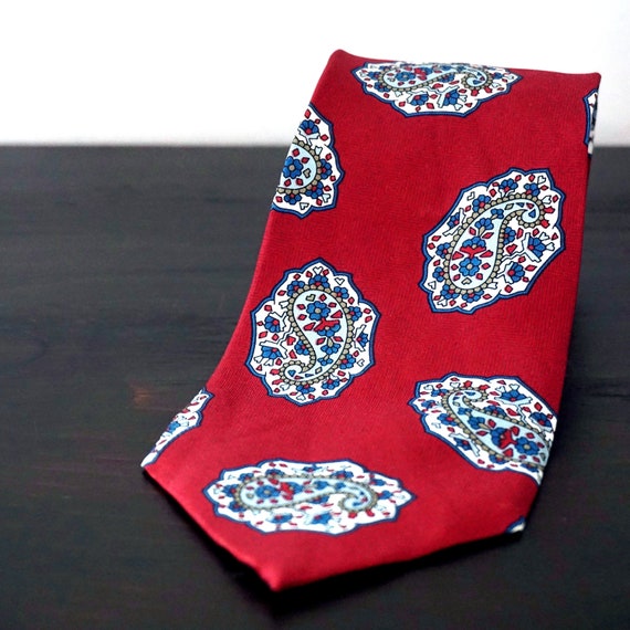 Vintage Silk Tie Burgundy Blue Paisley Red Necktie Botah Design Nino Cerruti Batik Look Print Neck Tie 1980s