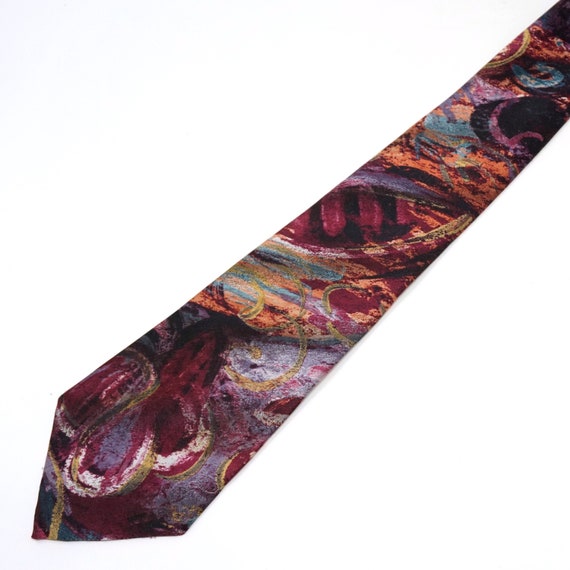 Vintage Tie Purple Abstract 80s Necktie Halston Painted Look Polyester Raspberry Peach Aqua Gold Contemporary Menswear