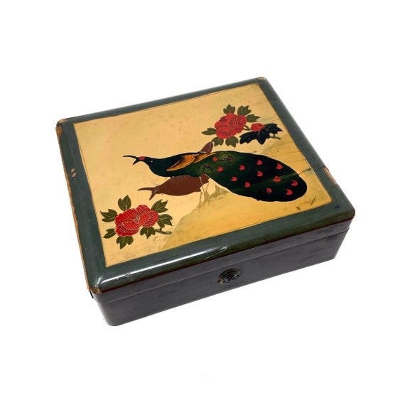 Vintage Jewelry Box Peacock Motif Lacquer Top with Key Lock Not Working Made in Japan Wood