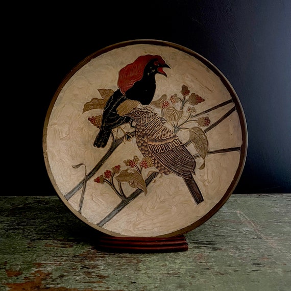 Vintage Bird Plate Enameled Brass Cloisonné Style Wall Hanging Hand Decorated Plaque Golden Paprika and Black Hued Pair of Birds on Branch