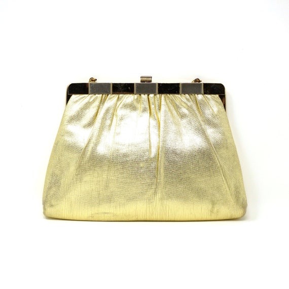 Vintage Gold Purse Lamé Evening Bag 1960s Harry Levine Clutch Optional Metallic Snake Chain Handle Marked HL USA Mid Century Evening Handbag