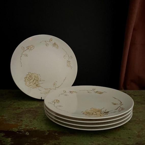 Vintage Gold Rose Melamine Dishes Melmac Dinner Plates Apollo Ware Alexander Barna Pale Pink Roses Gold Accents 60s Plastic Dinnerware 5 Pcs