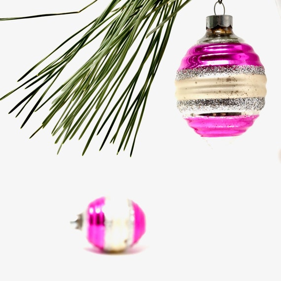 Vintage Ornaments Magenta Pink Christmas Silvered Glass Teardrop Balls Ribbed Silvered Striped Silver Glitter 1960s Tree Trim Pair Fuschia