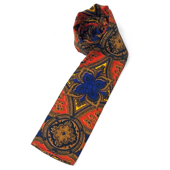 Vintage Square Tie Silk The Rooster Medallion Print Necktie Orange Blue Golden Yellow Straight Bottom Tie Silk Bold Print Mod Menswear