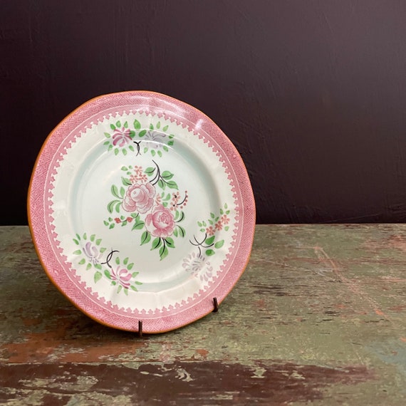Antique Plate Calyx Ware 1788 Adams China 7" Salad Plate 1920s Aqua Pink Floral English Ironstone Dinnerware Spring Floral Robin's Egg Blue