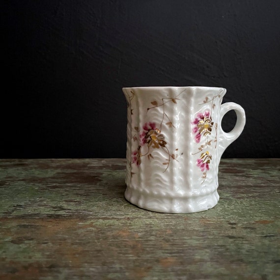 Antique Mug White Porcelain Handled Cup Pink Blush Interior and Rim Victorian Mug Tiny Tall Tea Cup Gold Flowers 1910s German Porcelain Mug