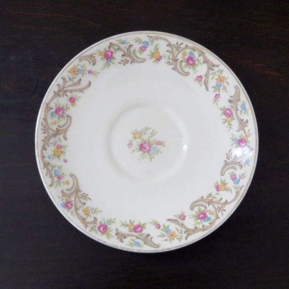 VIntage Saucers 1940s Floral China Taylor Smith Taylor Pink Roses Brown Scrolls