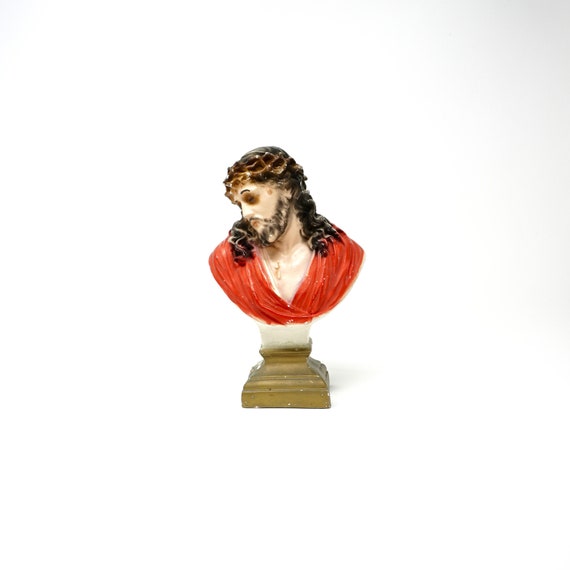 Vintage Jesus Chalkware Bust Statue Catholic Religious Chalk Ware Statuary Crown of Thorns Holy Christ of Agony