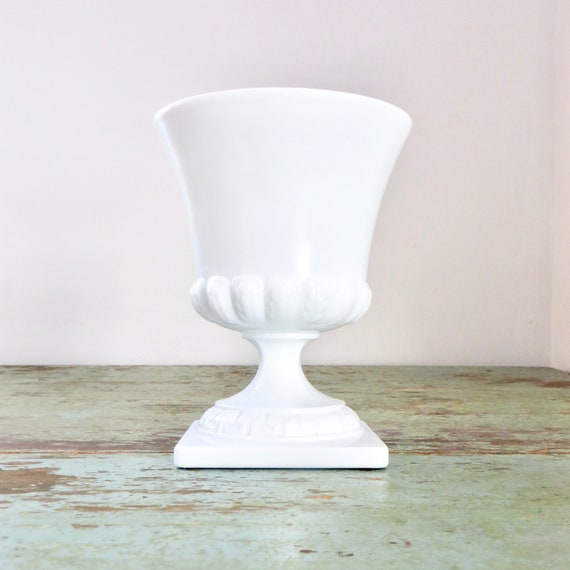 Vintage White UrnMilk Glass 1960s Planter Wedding Floral Display Footed Vase