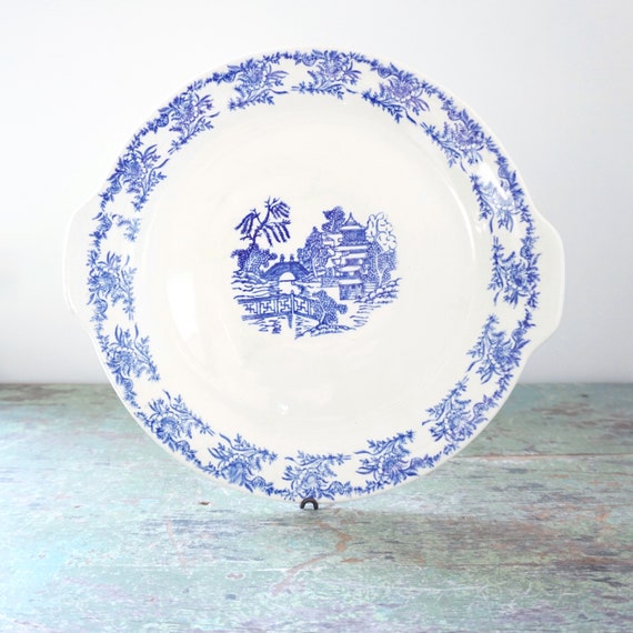 Vintage Platter Round Blue White Asian Scene Transferware Cake Plate with Handles Oriental Motif Pagoda Bridge Floral Border Farmhouse China