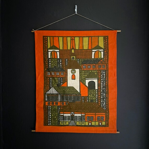 Vintage Screen Print City Scene on Fabric Orange Chartreuse 60s Print on a Scroll Wall Hanging Scandinavian Mid Century Screenprint Danish
