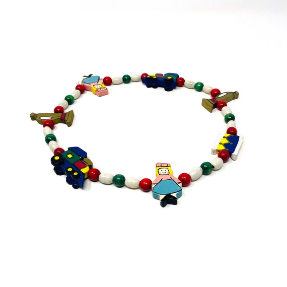 Vintage Necklace Wood Beads Toys Painted Princess Charm Train Trumpet Drum Bead Bright Colors Story Book Necklace Kids Jewelry Handmade OOAK
