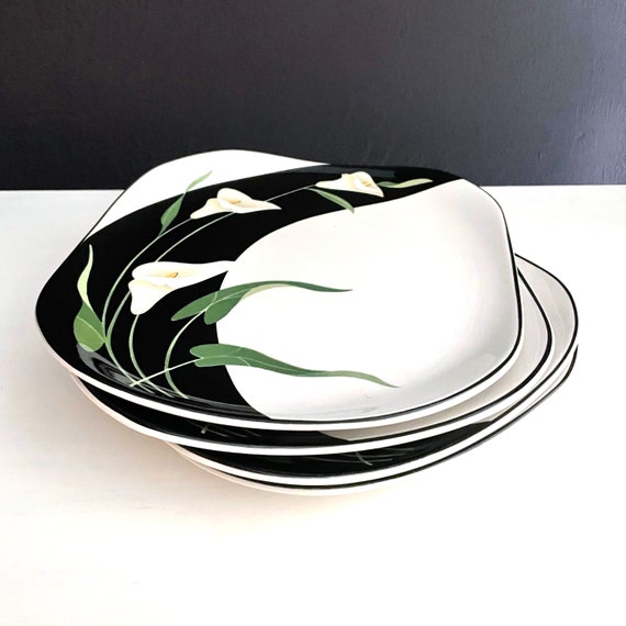 Vintage Plates Calla Lily Black and White Dinnerware Sango Quadrille Pattern Black Lillies Salad Plate 80s Contemporary Square Dish Set of 4