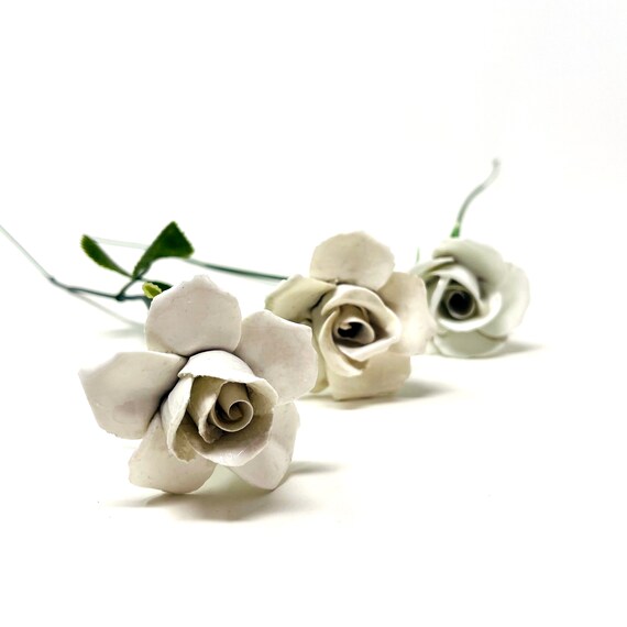 Vintage Porcelain White Roses Bone China Flowers Plastic Stem Green Leaves Valentine's Day Rose Faux Bouquet Handmade in Sanford England 60s