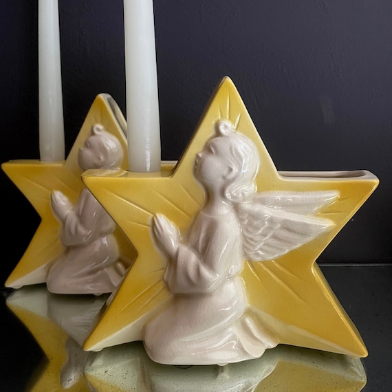 Vintage Angel Star Candle Holders Yellow Ceramic Vase Pair Star Shaped Taper Holder White Praying Angels by Royal Copley Planter Christmas