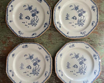 Antique Octagonal Plates Set: Blue White Floral Quails Woods Ware England