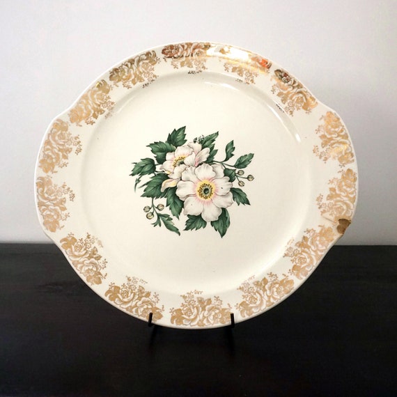 Vintage Magnolia Platter Round with Handles Earlton 22 Karat Gold Rim Floral Design 1950s China Serving Cake Plate Off White Green Transfer
