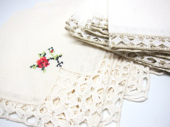 Vintage Linen Napkins Portugal  Pink Roses Needlepoint Beige Linen Crochet Trim NOS Napkins Portuguese Lolcar Alto da Lixa Napkin Set of 18