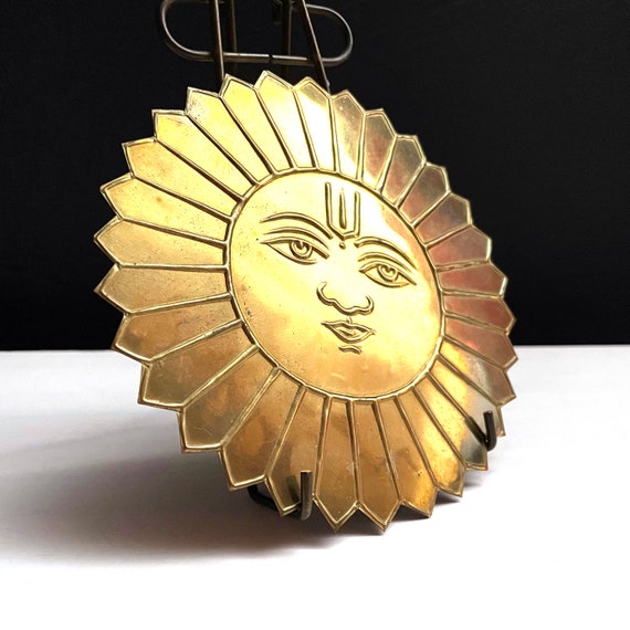 Vintage Brass Sun Face Surya Cut Out Embossed Cut Metal Hindi Creator God India Salvaged Ornamental Brass Printing Plate Decorative Tile