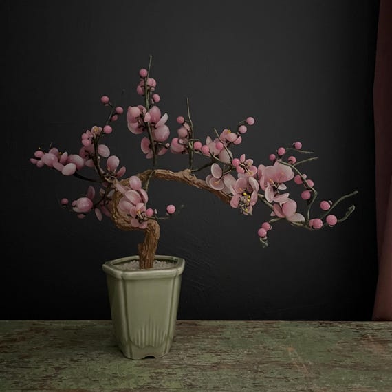 Vintage Bonsai Tree Glass Cherry Blossom Pink Handcrafted Flower Arrangement Japanese Celadon Green Pot
