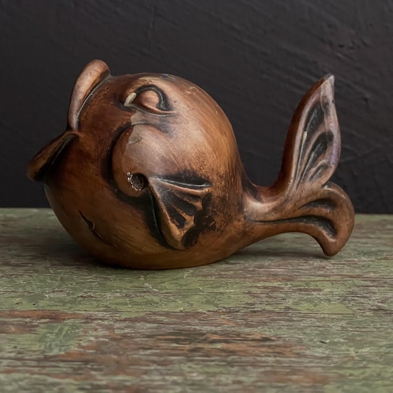 Vintage Fish Ashtray Brown Pottery Wide Mouthed Fish Vessel Catch All Rustic Nautical Kitsch 1960s Whale Ash Tray Candy Dish Trinket Holder