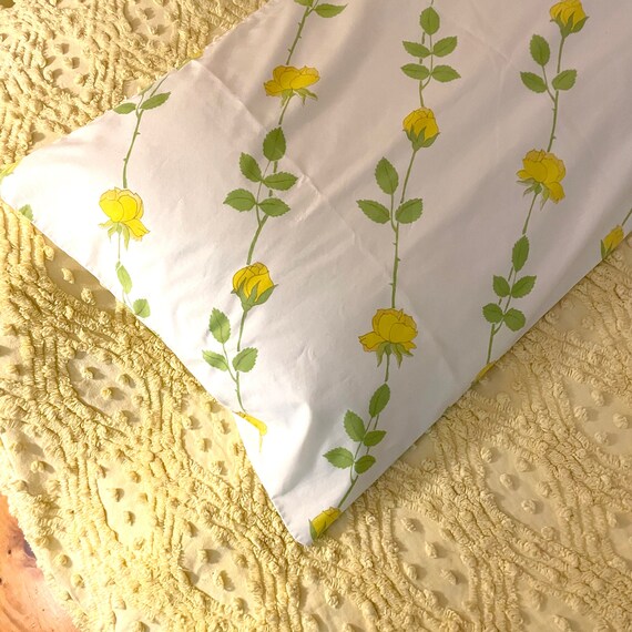Vintage King Pillowcase Yellow Roses Christian Dior Bedding 80s White Cotton Pillow Case Green Long Stem Rose Repeating Diagonal Print Sham