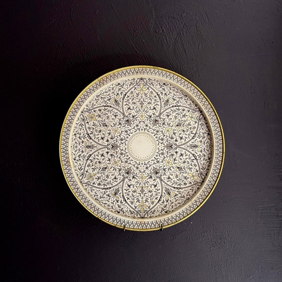 Vintage Tin Tray Round Medallion Beige Gold Grey Venetian Design Serving Tray 70s Fabcraft Free Gift with Spic and Span Moroccan Look Tray