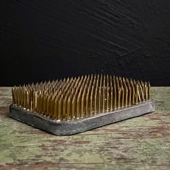 Vintage Pin Frog Rectangular Metal Flower Frog Ikebana Kenzan Japanese Heavy Professional Floral Holder Silver and Gold Toned