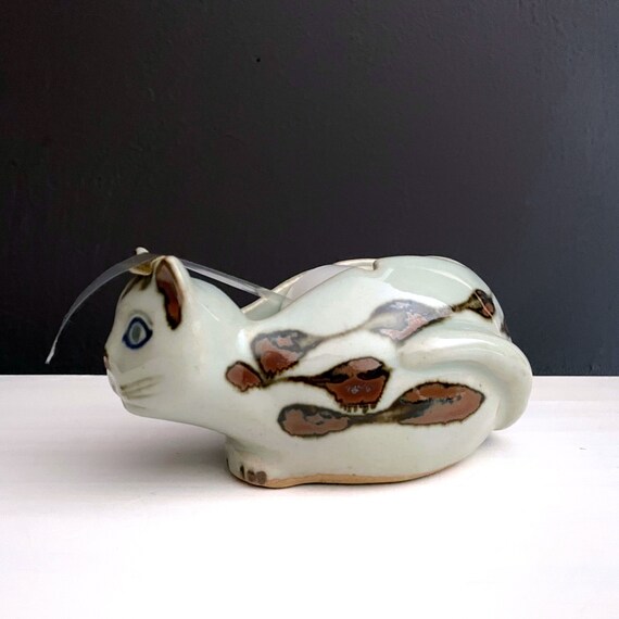 Vintage Cat Tape Dispenser Ceramic Kitty Takahasi Japan Pottery Cat Grey Blue Brown Standard Size Scotch Tape Roll Dispensed on Wood Bobbin
