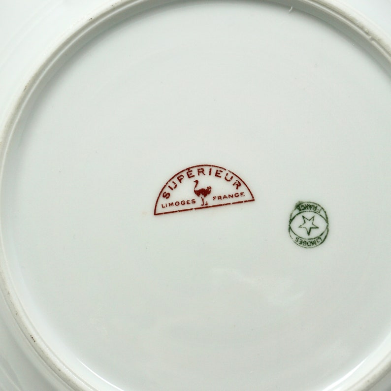Antique Limoges France Superieur Plates Set of 4 Rare 1910s Arts and Crafts Motif Green Yellow Daisy on White Porcelain Dessert Plates