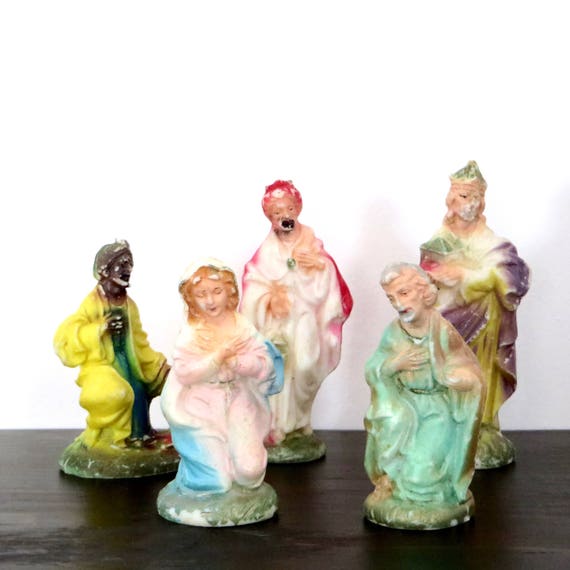 Vintage Nativity Figurines Mary Joseph Wise Men Mid Century Plastic Creche