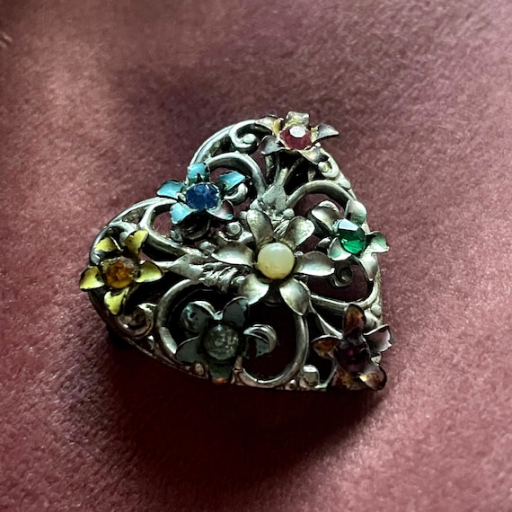 Vintage Heart Pin Silver Toned Multicolor Enameled Flowers and Gems Brooch Heart Shaped Open Metalwork Enamel Costume Jewlery