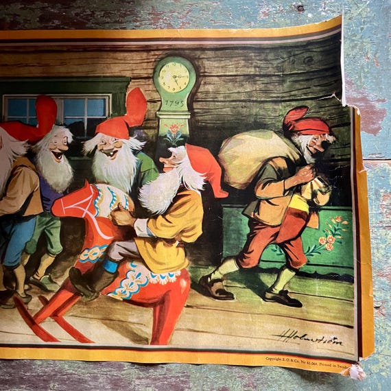 Vintage Print Elves Scene Swedish Poster Print Scandinavian Illustration Gnomes Wrap Gifts Santas Workshop Dala Horse Sweden Art Print Repro